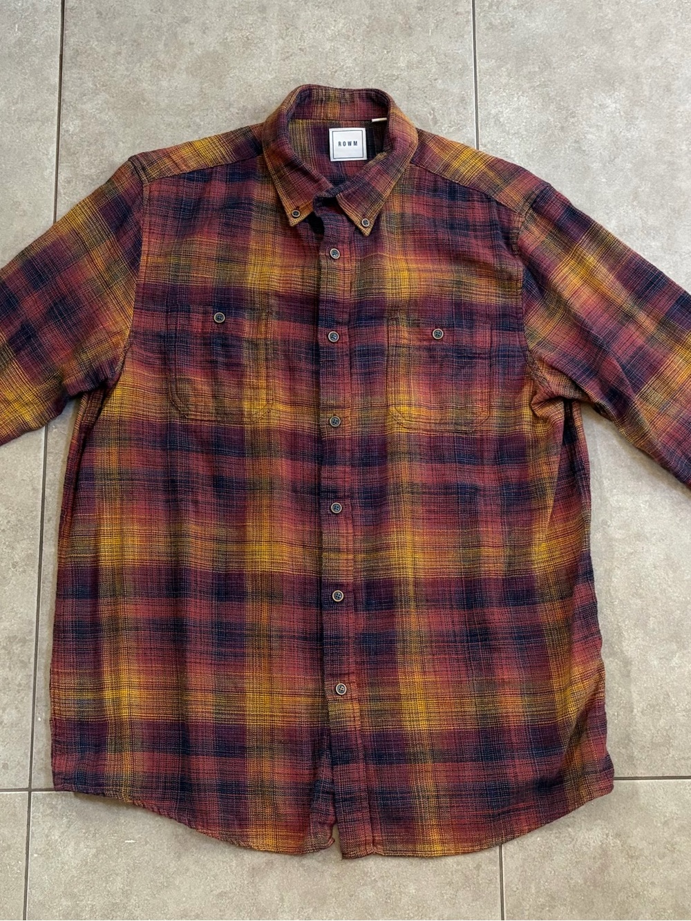 ROWM Men button down long sleeve shirt cotton plaid brown orange fall medium